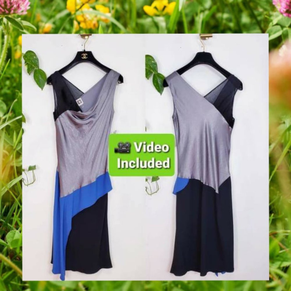 ANNE KLEIN Cocktail Dress Blue Satin Slip on MIDI Colorblock NEW $149β